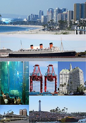 Imagini de sus, de la stânga la dreapta : Panorama Long Beach de la Bluff Park, RMS Queen Mary, Aquarium of the Pacific Blue Cavern exhibit, Hanjin Terminal la Portul Long Beach, Villa Riviera, Metro Blue Line, Long Beach Lighthouse