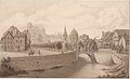 Le pont d'Avroy en 1826. En arrière-plan, la collégiale Saint-Jean et la basilique Saint-Martin. Dessin de Charles Remont[1], d'après Renardy, conservé aux Collections artistiques de l'université de Liège