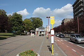 South entrance of the station, with the park on the left.