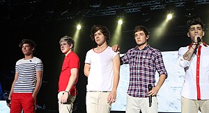 One Direction performing in Sydney on their Up All Night Tour, 2012. From left to right: Louis Tomlinson, Niall Horan, Harry Styles, Liam Payne, and Zayn Malik