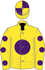 Yellow, purple disc, yellow sleeves, purple spots, quartered cap