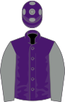 Purple, grey sleeves, purple cap, grey spots