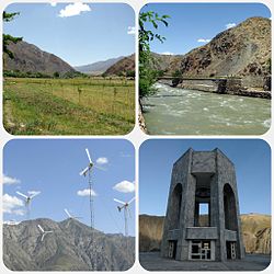 Clockwise from upper left: the Panjshir valley, the Panjshir River, the tomb of Ahmad Shah Massoud, and a Panjshir wind farm
