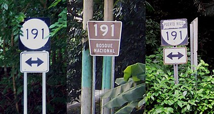 Route number markers on PR-191 in 2009; on the left is the tertiary highway marker, in the middle is a Forest Highway marker, and on the right is a pre-1999 marker.