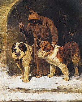 A painting by John Emms portraying St. Bernards as rescue dogs