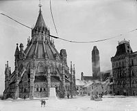 The library of Parliament standing unharmed the day following the fire of 1916