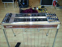 A pedal steel guitar, with the word "Zumsteel" written on its side.