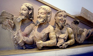 Part of the damaged Hekatompedon pediment (Three-bodied daemon)