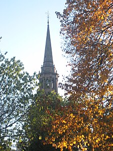 Steeple, viewed through autumn foliage of the Public Garden