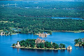 Aerial view of Boldt Castle and some of the Thousand Islands