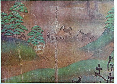 Paysage au début du printemps. Détail, porte Est, salle du Phénix, Byōdō-in, près de Kyōto. Peinture sur bois, vers 1053.