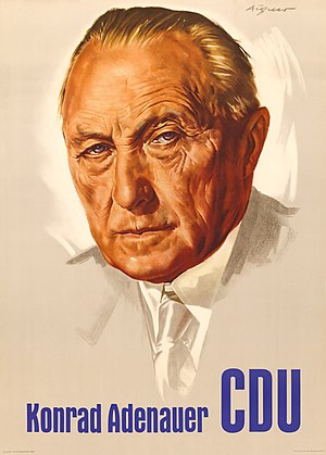 Konrad Hermann Joseph Adenauer (5 de janeiro de 1876 – 19 de abril de 1967) foi um estadista alemão que serviu como primeiro Chanceler da República Federal da Alemanha (Alemanha Ocidental) de 1949 a 1963. Ele levou seu país das ruínas da Segunda Guerra Mundial para uma nação produtiva e próspera que estabeleceu relações estreitas com a França, o Reino Unido e os Estados Unidos. Durante seus anos no poder, a Alemanha Ocidental alcançou democracia, estabilidade, respeito internacional e prosperidade econômica (o "Milagre do Reno"). Foi o primeiro líder da União Democrata-Cristã (CDU) (definição 7 009 × 9 799)