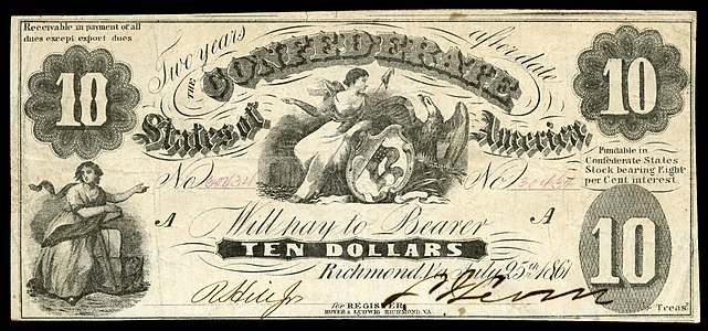 Ten Confederate States dollar (T10), by Hoyer & Ludwig
