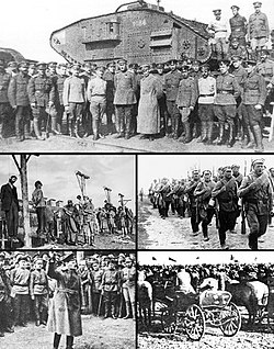 מלמעלה בכיוון השעון: צבא רפובליקת דון (1919); הנחתים של הצבא האדום במצעד (1920); ארמיית הפרשים הראשונה; לב טרוצקי עם חיל הפרשים הראשון (1918); תליית פועלים על ידי חיילים אוסטרו-הונגרים ביקטרינוסלב (דניפרו) ב-1918.