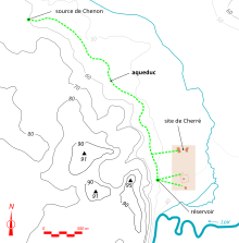 Représentation en couleurs du tracé d'un aqueduc antique, reporté sur une carte topographique.