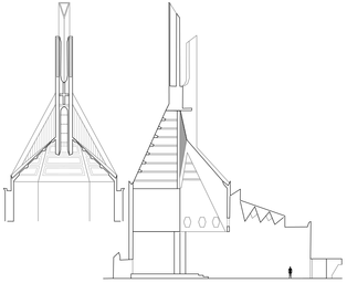 Architectural section through Clifton Cathedral, showing the flèche, spires and the interior star beam (with hexagon cutouts).