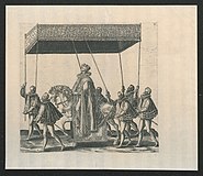 François à cheval pendant la joyeuse entrée en 1582 (Prentenkabinet de l'université d'Anvers).