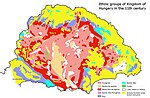 Kniezsa's (1938) view on the ethnic map of the Kingdom of Hungary in the 11th century, based on toponyms. Kniezsa's view has been criticized by many scholars, because of its non-compliance with later archaeological and onomastics research, but his map is still regularly cited in modern reliable sources. One of the most prominent critics of this map was Emil Petrovici.[134]