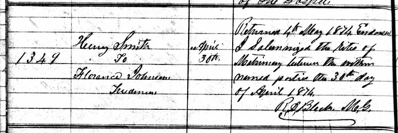 Likely marriage record of Florence Johnson; the note below their names reads Freedmen