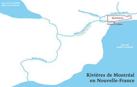 Les deux bras de la rivière et sa source dans le lac sont visibles sur cette carte