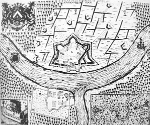 French map showing the location of Wat Makok (now Wat Arun) from Histoire de la Révolution de Siam arrivée en l'année 1688, by Jean Vollant des Verquains (1688) reign of King Narai.[5]