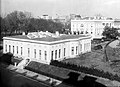 The expanded West Wing, c. 1910s after President President Taft's 1909 expansion covered most of the tennis court. Note the "bow" of the first Oval Office.