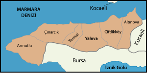 Mapa dos distritos da província de Yalova