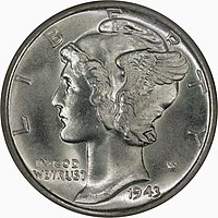 A young Liberty, with winged cap, on the Obverse of the Winged Liberty Head dime, which became (incorrectly) known as the Mercury dime, designed by Weinman and issued in the US between 1916 and 1945