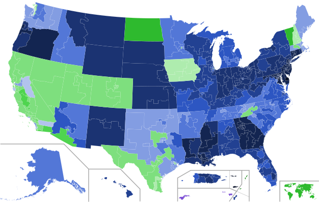 Results by delegate district (usually congressional district) by first preference vote. Darker colors denote greater support for the leading candidate.