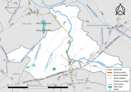 Carte en couleur présentant le réseau hydrographique de la commune