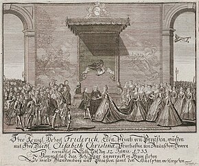 Engraving of a royal wedding with courtiers