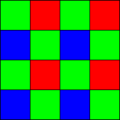 Compare with the earlier Bayer filter, with twice the number of pure green cells (while cyan colored light is a mix of green and blue, so sensors for that color also detects green and blue colors)