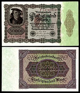 Fifty-thousand Mark at German Papiermark, by the Reichsbankdirektorium Berlin