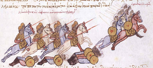Medieval miniature showing a group of lance-wielding cavalry to the left pursuing a group of riders wearing turbans and carrying round shields to the right