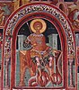 A fresco of Saint George using a dragon as a footrest