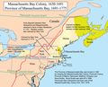 Image 18Major boundaries of Massachusetts Bay and neighboring colonial claims in the 17th century and 18th century; modern state boundaries are partially overlaid for context (from History of Massachusetts)