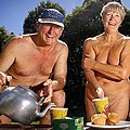 Image 37A publicity photo showing a mature naturist couple making tea. North America (from Naturism)