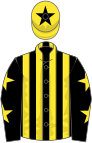 Black and yellow stripes, black sleeves, yellow stars, yellow cap, black star