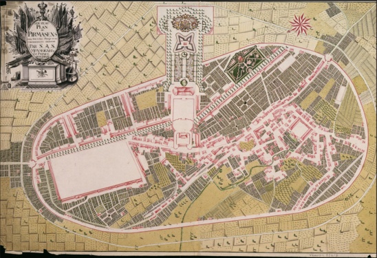 1762 city plan of Pirmasens. Schloss Pirmasens is in the middle. Above the palace is the drill house, and right above are Landgravinne Caroline's gardens with a pavillion in the middle