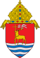 The arms of the Archdiocese of Hartford: The arms feature a hart, a male deer, in the midst of flowing water, i.e., fording a body of water, referencing the name of the see, Hartford, Connecticut.