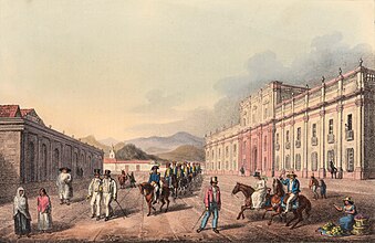 The colonial Real Casa de la Moneda (now called Palacio de la Moneda) in 1824 (by Paroissien, Scharf and Rowney & Forster). John Carter Brown Library.[11]