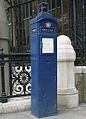 Police telephone post (not functional) at St. Martin's Le Grand, London — painted (incorrectly) in 'Met' dark blue. 'City' boxes were painted in a light blue.