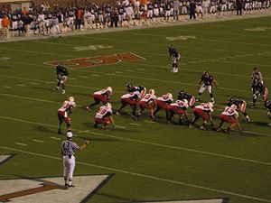 An overhead shot of the Maryland–Virginia game shortly before the snap. Maryland is on offense and is lined up in an I-formation.