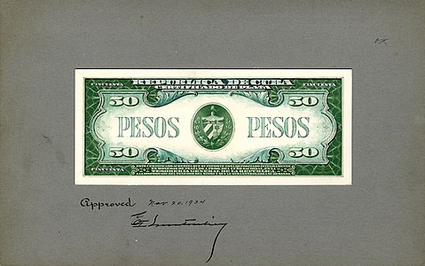 Fifty-peso silver certificate from the 1936 series, progress proof reverse, by the Bureau of Engraving and Printing