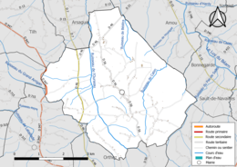 Carte en couleur présentant le réseau hydrographique de la commune