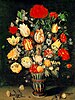 A still life of flowers in a vase including striped tulips