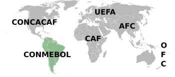 A map of the world. The blue area, marked "CONMEBOL", covers South America.