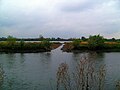 The larger lake viewed across the lower Tame from the National Memorial Arboretum, showing a connecting channel, allowing flood water to flow between river and lake.