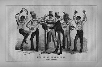 Dessin en noir et blanc montrant un groupe de musique composé de six hommes noirs, chacun avec un instrument.