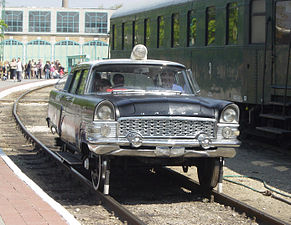Car (Russian GAZ-13 Chaika) converted into a railroad speeder, at the Hungarian Railway Museum